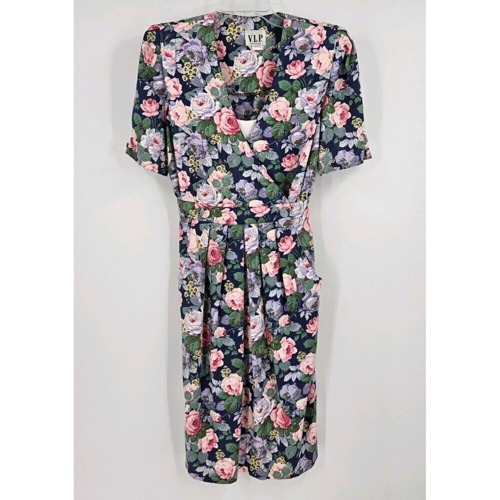 VLP Petites Womens Sz 6 Vtg Dress Pastel Pleated Floral Crossover Front